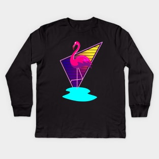 80s Synthwave Inspired Pink Flamingo Triangle Design Kids Long Sleeve T-Shirt